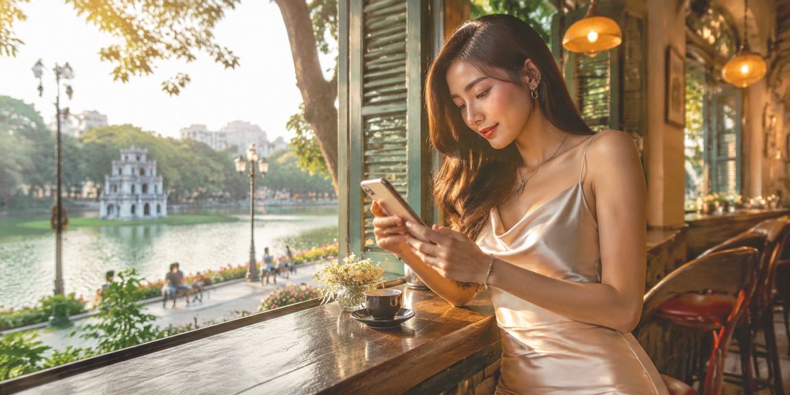 Người dùng tại Hà Nội đăng ký tài khoản sp3 trên điện thoại bên tách cà phê